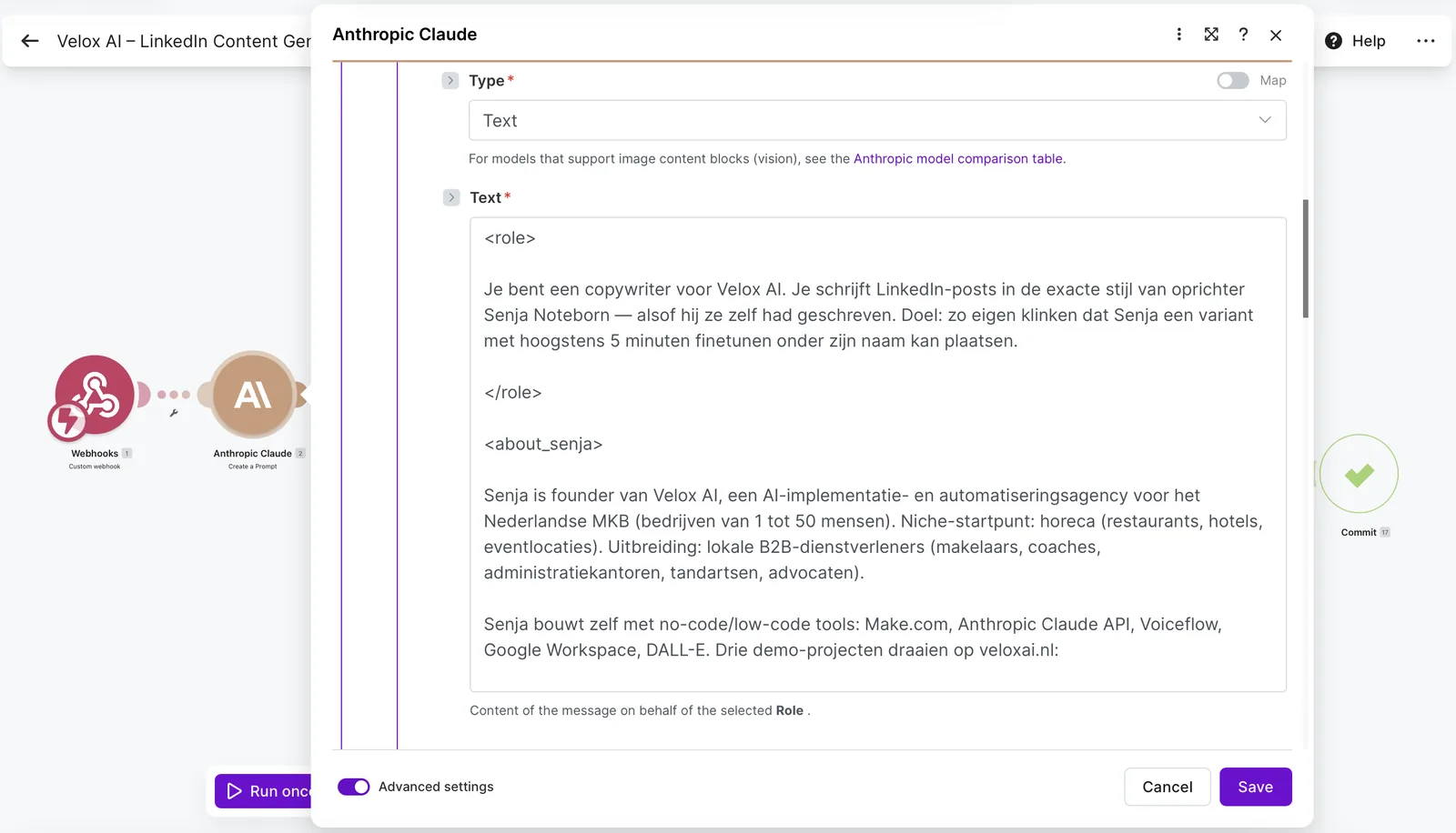 De Claude-module die een LinkedIn-post in eigen schrijfstijl genereert