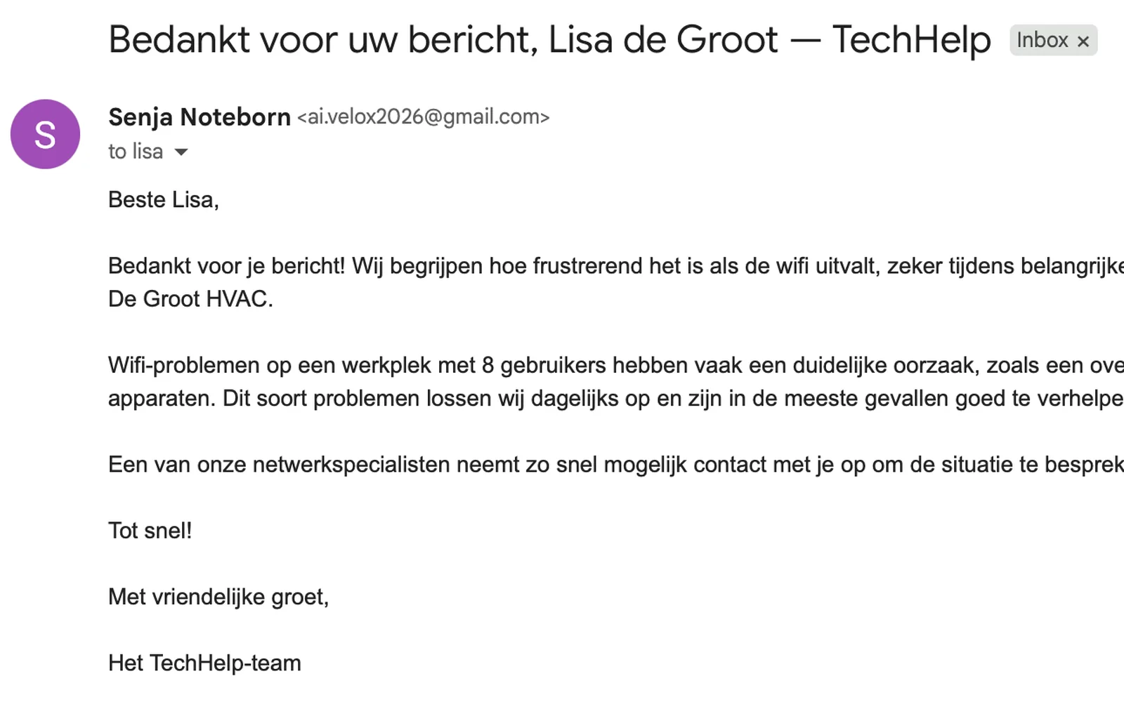 Voorbeeld van een AI-gegenereerde, persoonlijke opvolgmail