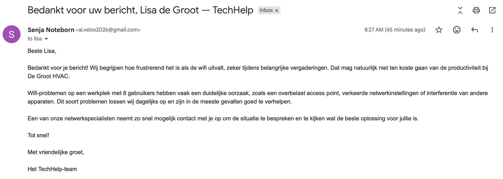 Voorbeeld van een AI-gegenereerde, gepersonaliseerde opvolgmail